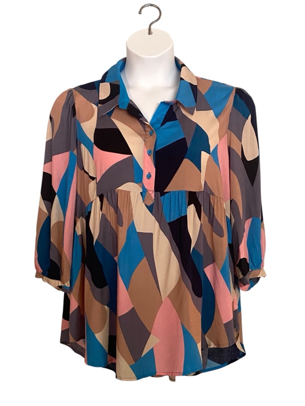 Umgee Boutique Style Abstract Print Blouse Pink Blue Womens Size Large NWT